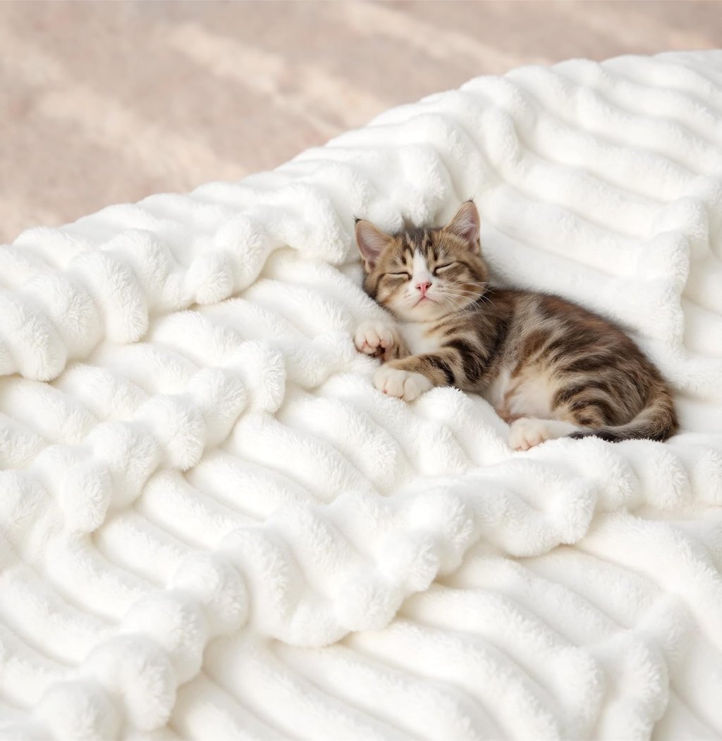 A cute tabby kitten sleeping peacefully on a soft, white textured fleece blanket.
