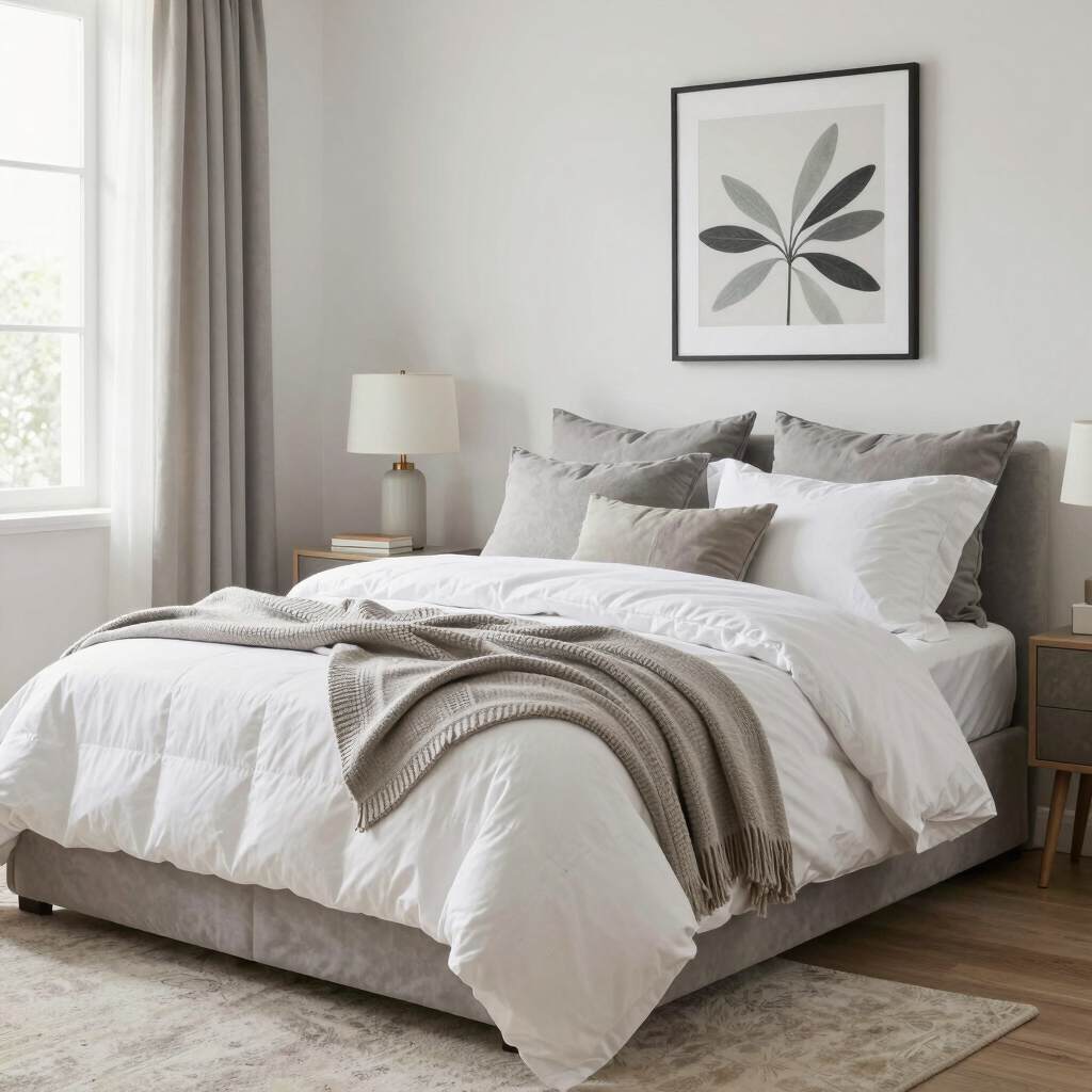 A seasonal refresh scene with bedding and decor being swapped out, showing easy updates