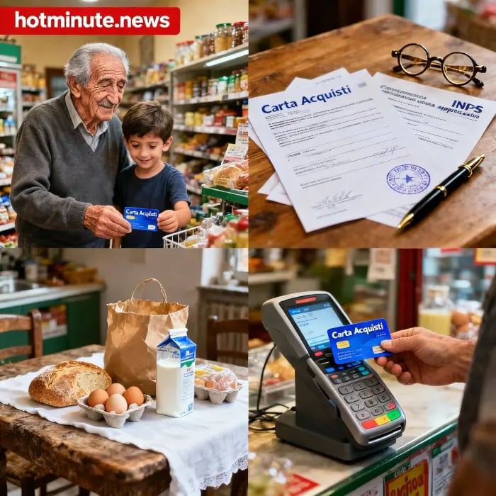 Carta Acquisti 2026: collage che mostra una famiglia con la carta, documenti dei benefici, una borsa