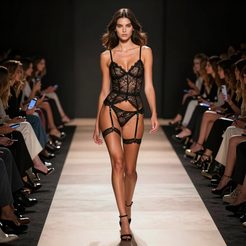 A fashion model walks a runway wearing an intricate black lace bodysuit and matching garter belt set.