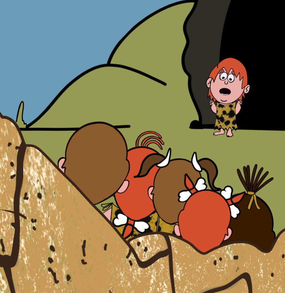 niño de las cavernas con su tribu