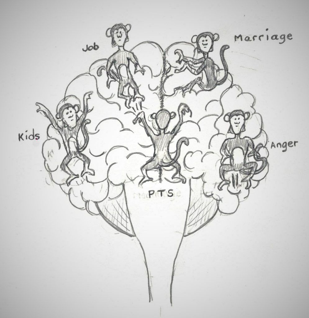 a drawing of a brain with monkeys representing issues