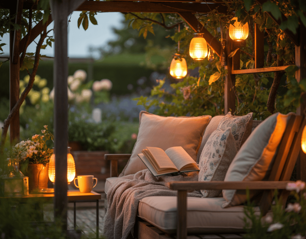 Cozy outdoor reading nook in a garden gazebo with warm lantern lighting and plush cushions.