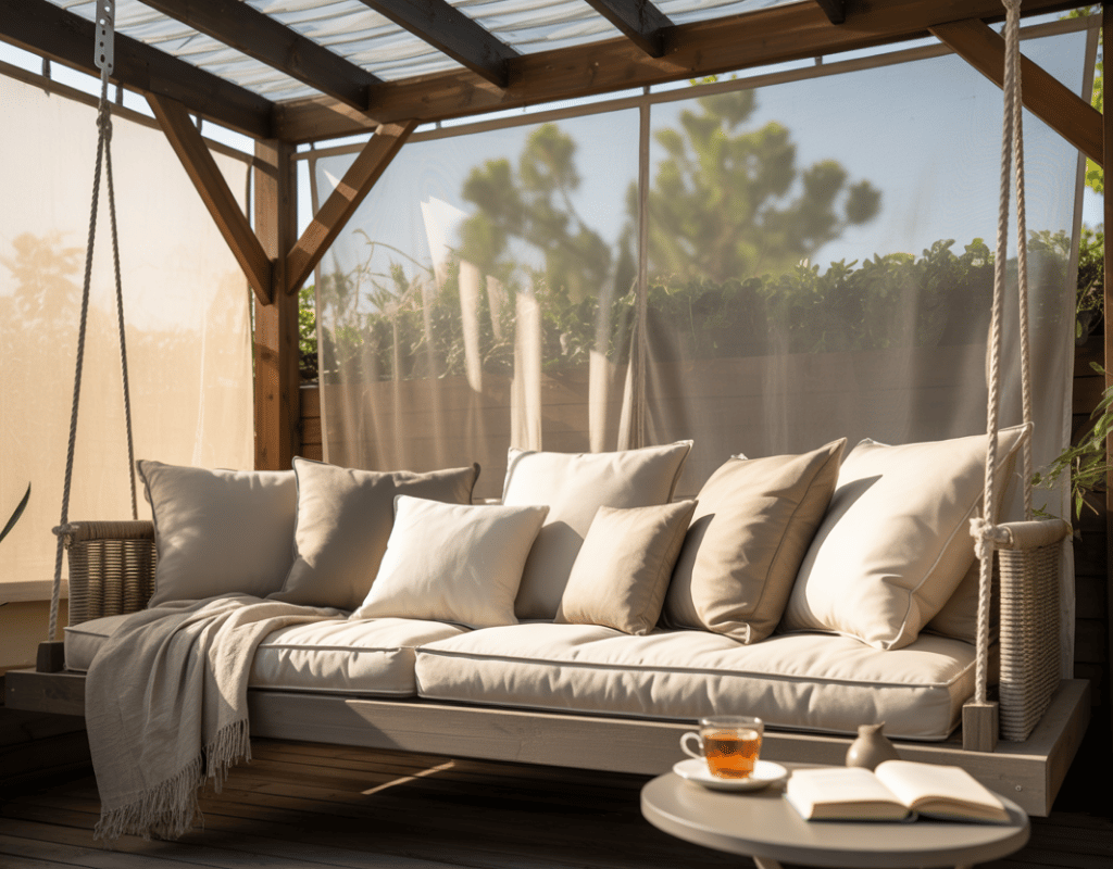 Covered daybed or swing seat reading nook, gentle movement implied, stable roof structure, relaxed a