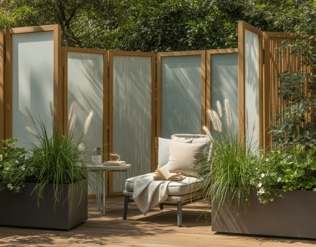 Outdoor reading nook with sheer curtains or bamboo screens, soft privacy without enclosure, calm and