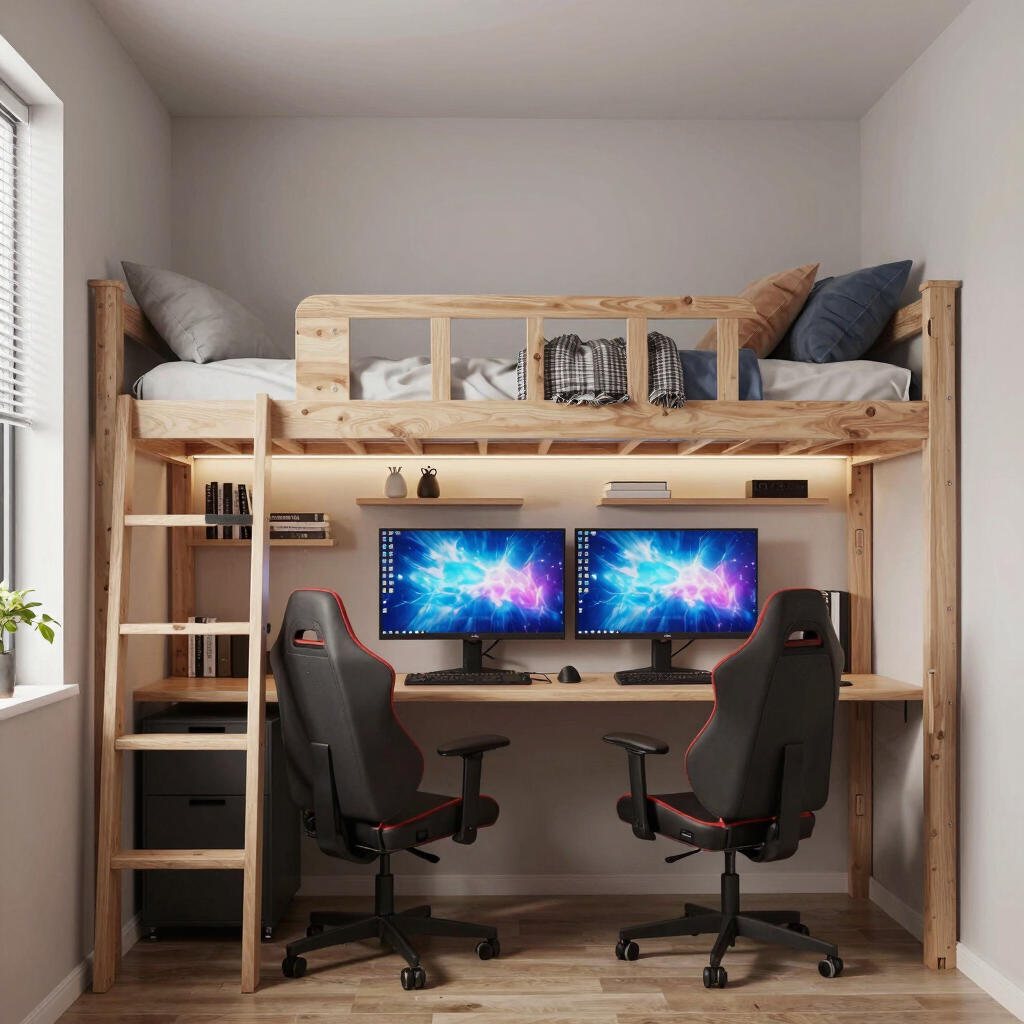A modern teenage boy bedroom in a compact space, showing a loft bed, gaming desk with dual monitors.