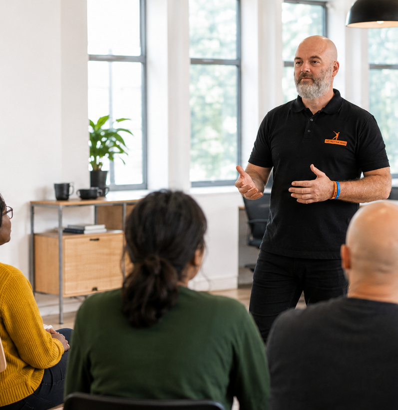 A corporate trainer guiding an interactive workplace mental health workshop 