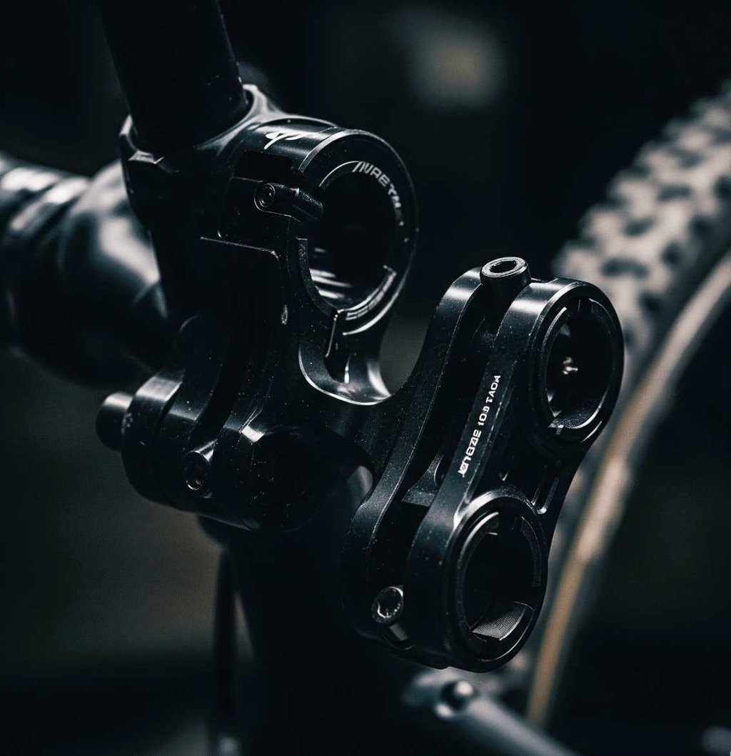 A close-up, darkly lit photograph of specialized bike mounts, crafted from dark, possibly anodized metal. The focus is on the