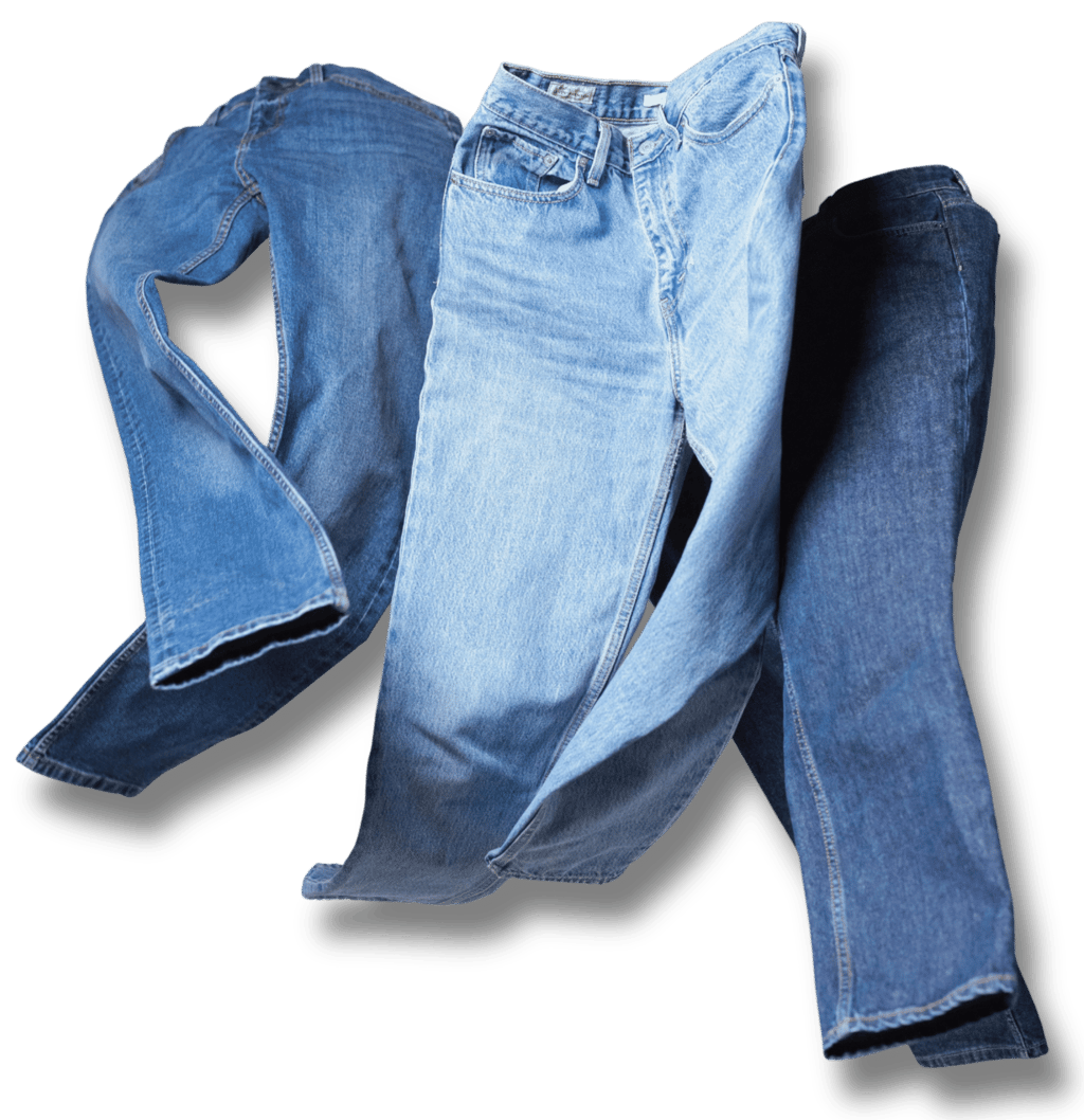 Calças jeans em diferentes lavagens representando a variedade de tecidos jeans disponíveis no catálo