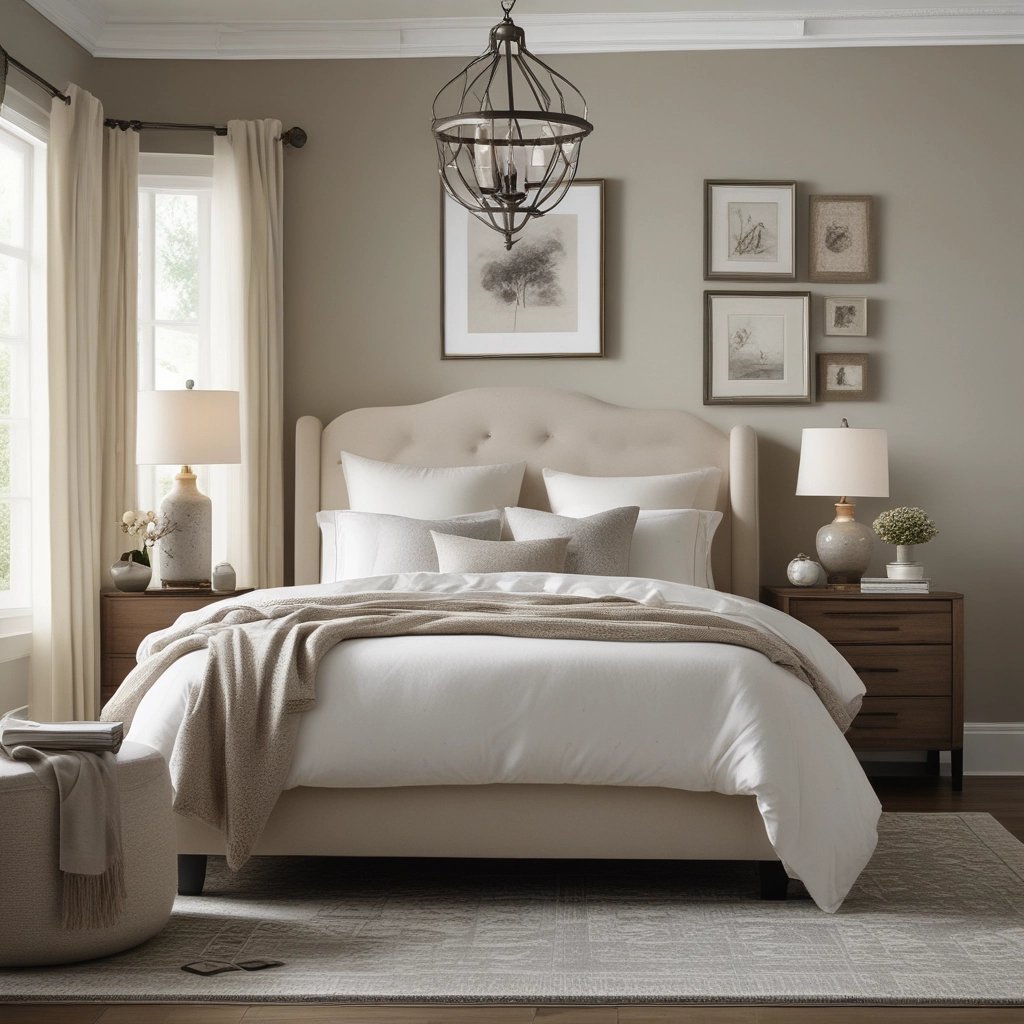 Elegant neutral master bedroom featuring a tufted wingback bed, wooden nightstands, and a rustic globe chandelier.