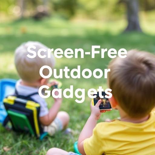 two children sitting on a lawn with gadgets