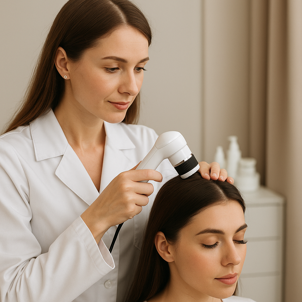 Tricologista jovem, vestindo jaleco branco, realiza exame do couro cabeludo de uma paciente usando um dermatoscópio digital. 