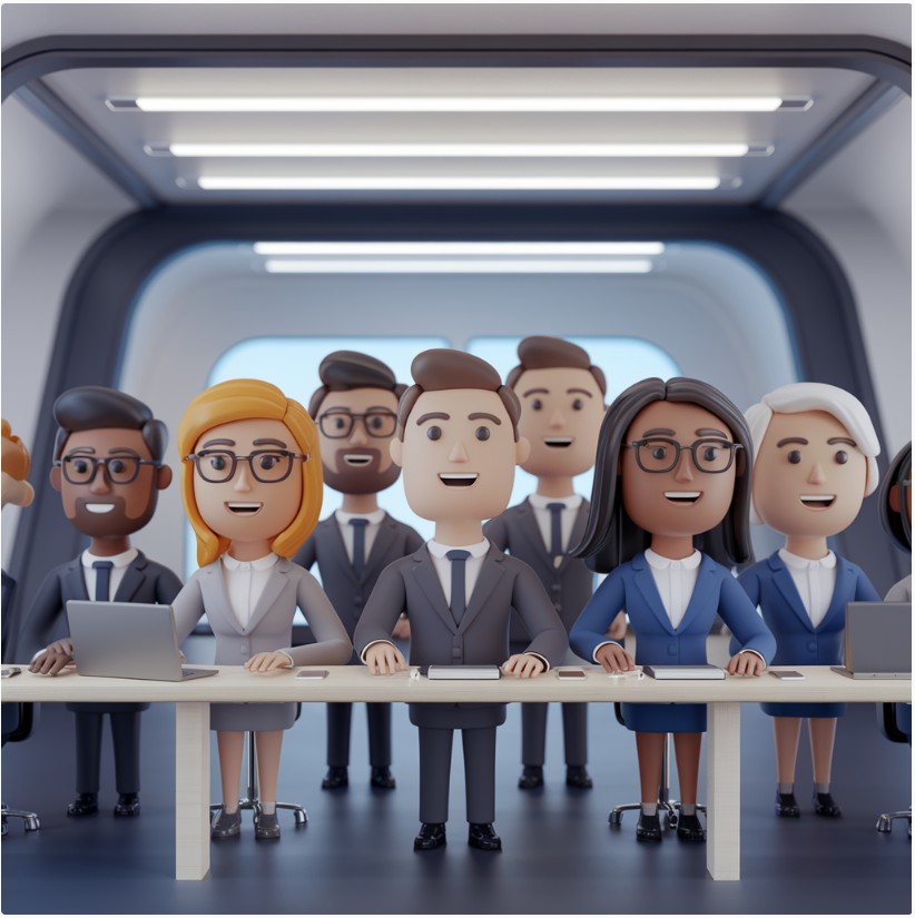 a group of people standing around a table