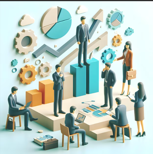 a group of business people standing around a table
