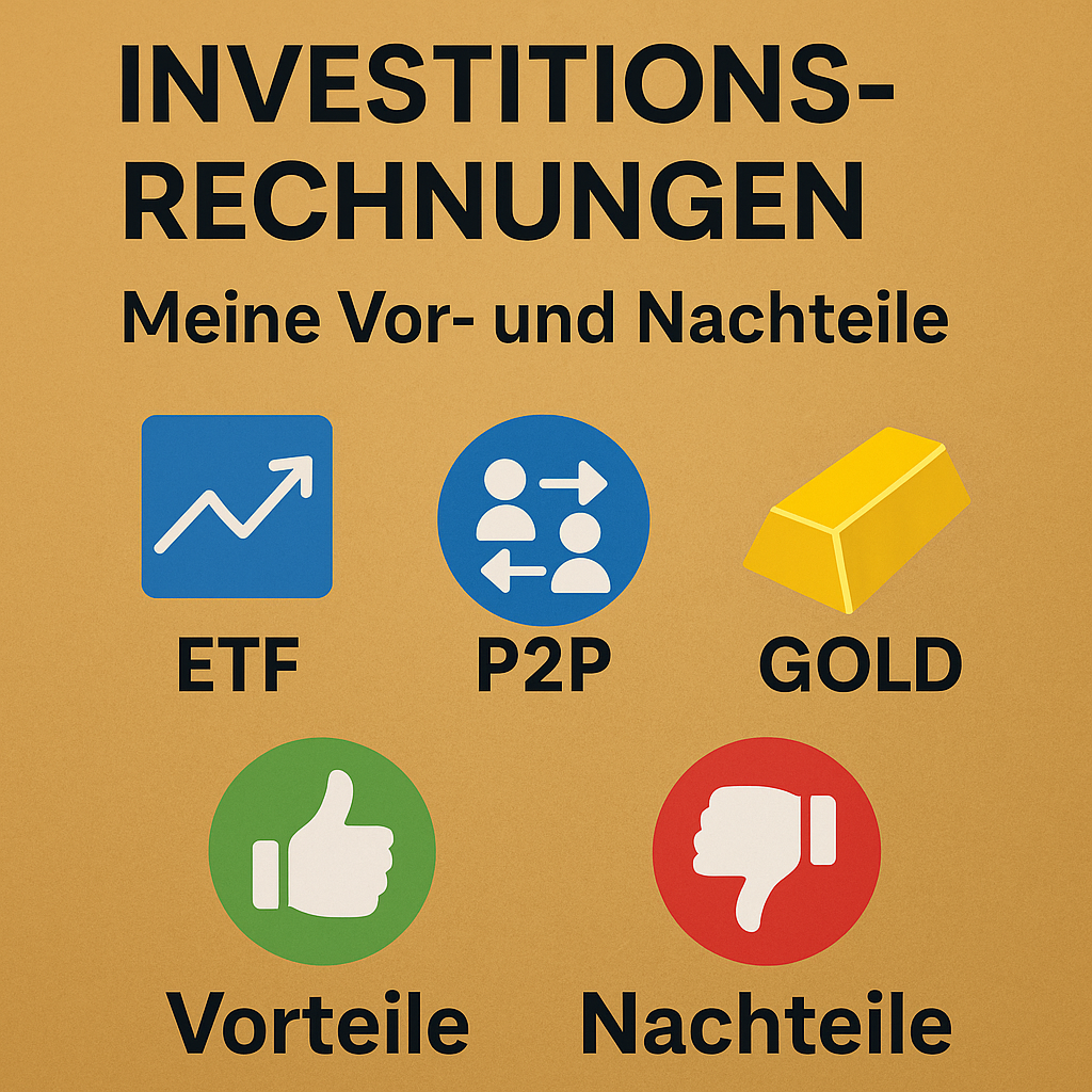 Investitionsrechnungen mit Icons für ETF, P2P, Gold, Vorteile & Nachteile.