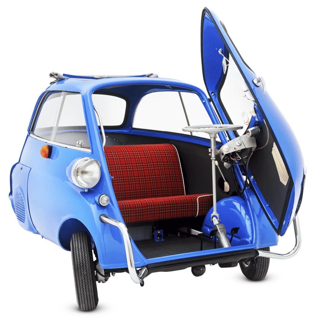 a small blue car with a red seat and a red seat