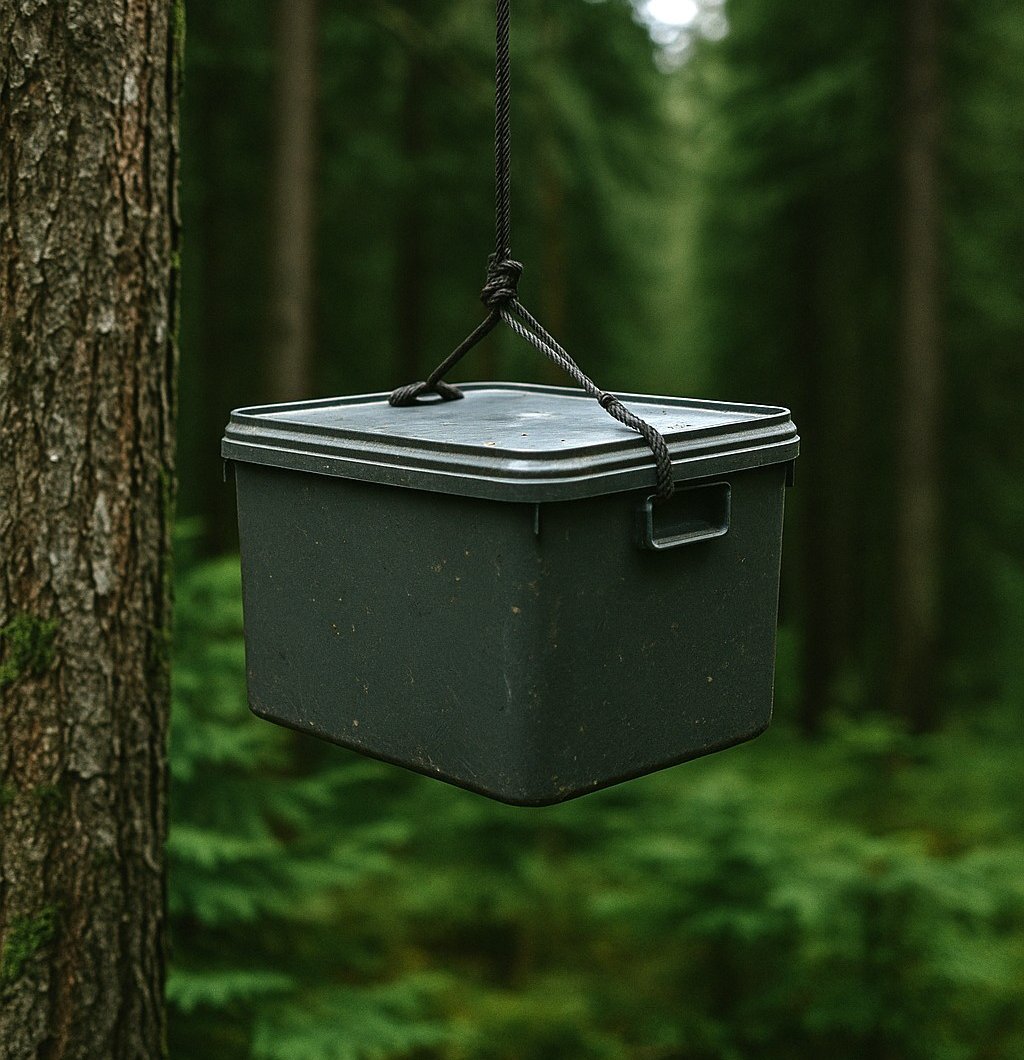 Hanging bear-proof food storage container in forest during backcountry camping trip