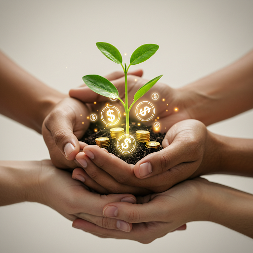 hands holding coins and coins with a plant growing out of it