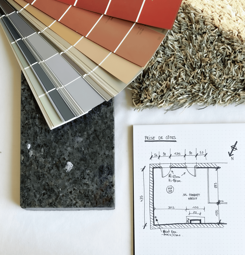 Planche tendance architecture intérieur - échantillons matériaux couleurs et plans techniques 