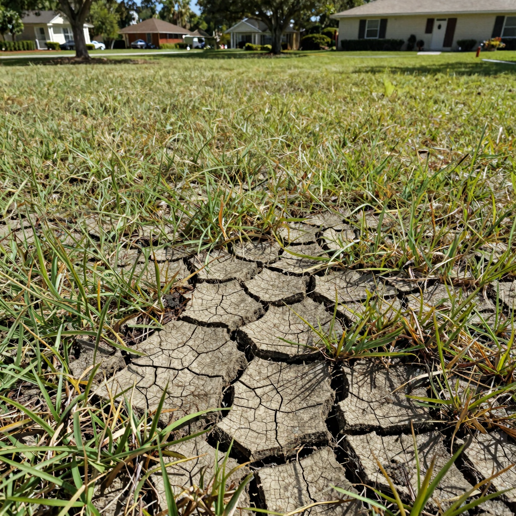Dry cracked soil patches in a residential green lawn during a summer drought.