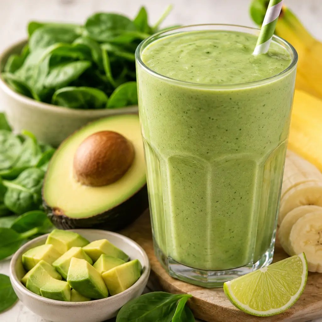 A healthy green smoothie in a glass with avocado, fresh spinach, and bananas on a wooden board.