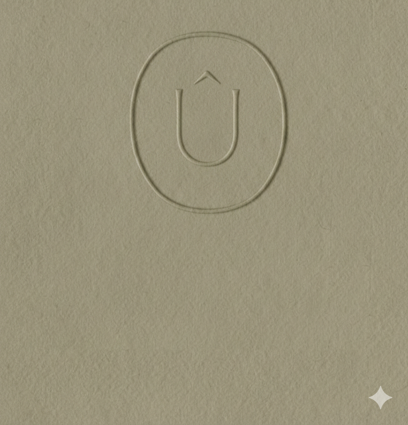 Logotipo minimalista en relieve que presenta una U con un circunflejo dentro de un óvalo.