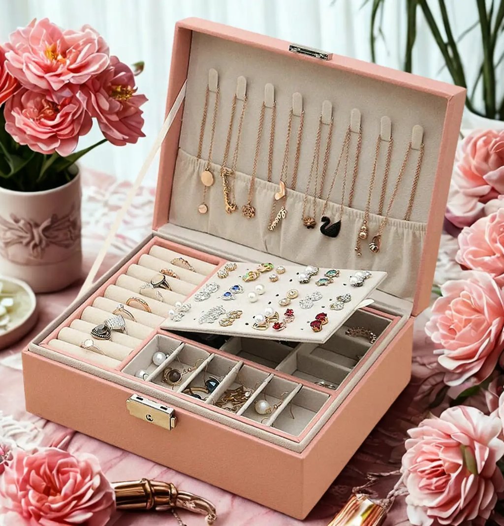 Boîte à bijoux moderne rose ouverte avec multiples compartiments pour ranger bagues, colliers et boucles d'oreilles.
