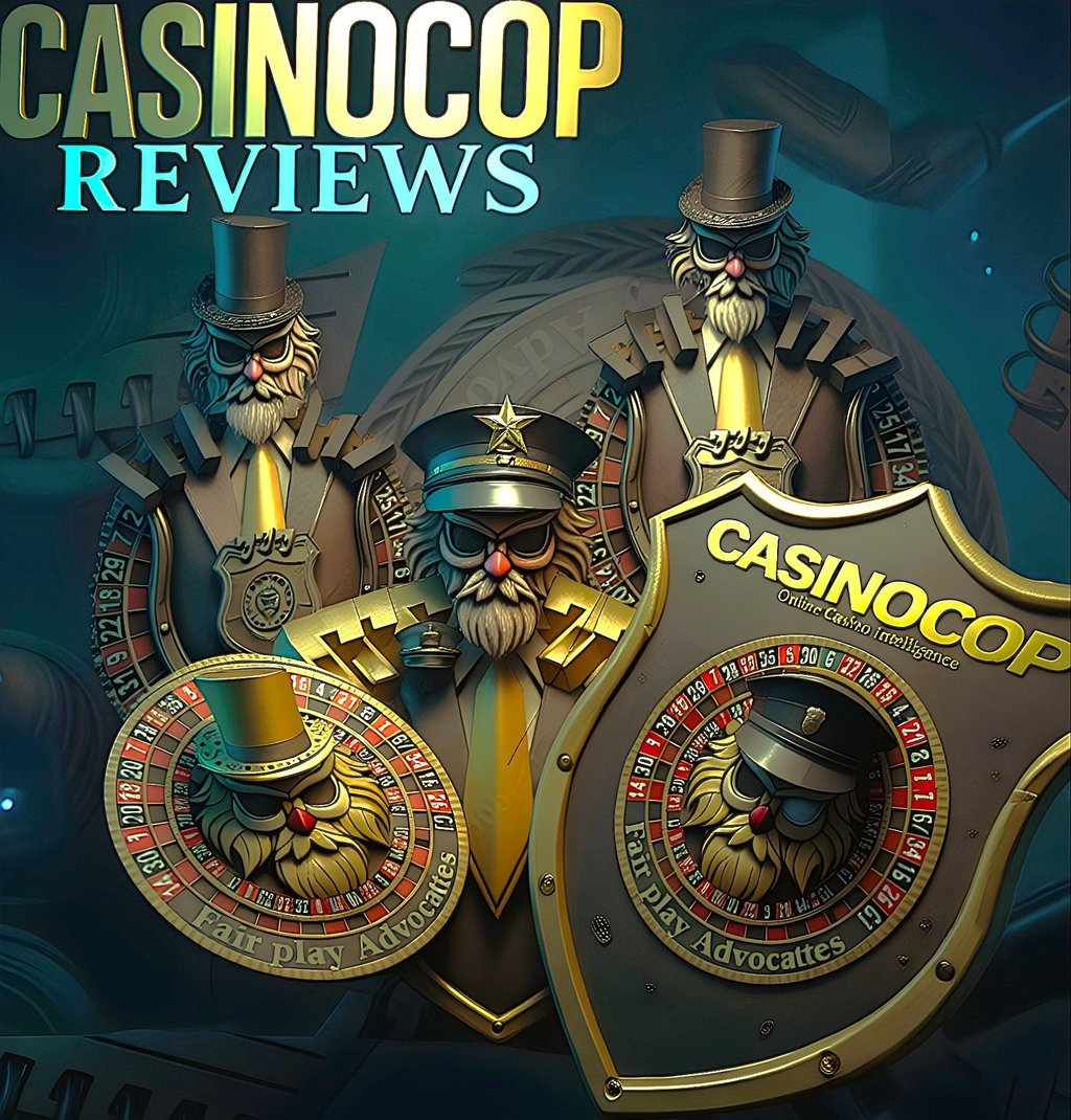 CasinoCop Reviews luxury casino intelligence shield logos with fair play roulette branding