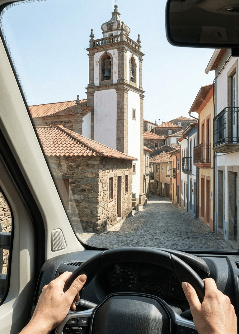 Traversee en van d'un petit village portugais pour rejoindre la France