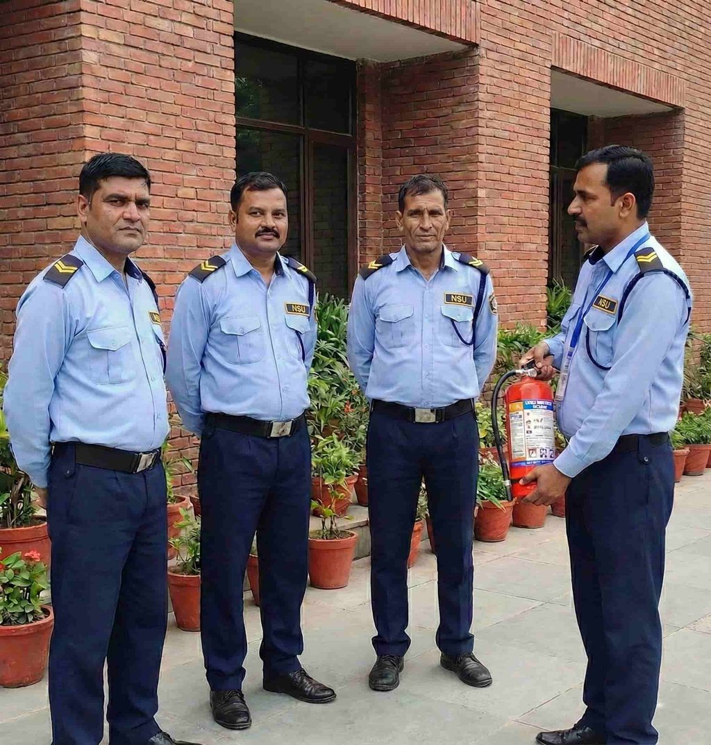 Team of NSU India security guards receiving professional training in fire extinguisher operation.
