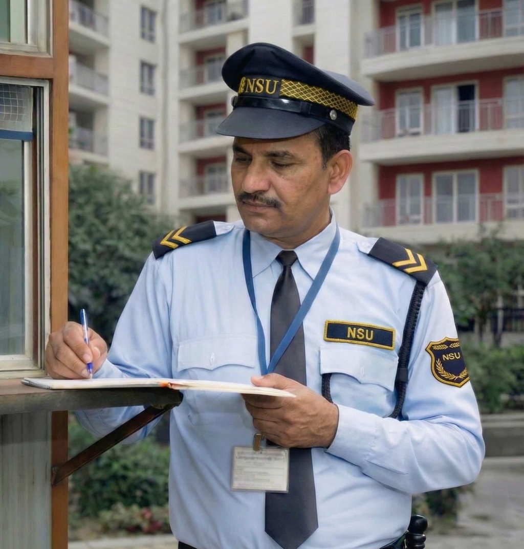 Attentive NSU India security guard maintaining visitor logs and gate entry records at a residential.