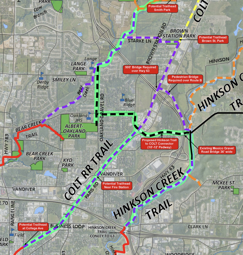 Map highlighting the Hinkson Creek Trail and the Colt RR Trail