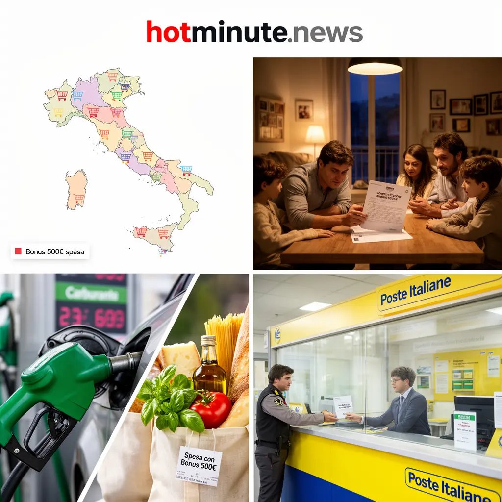 Collage informativo su mappa, famiglia, spesa e ufficio postale per la Carta Dedicata a Te 2026