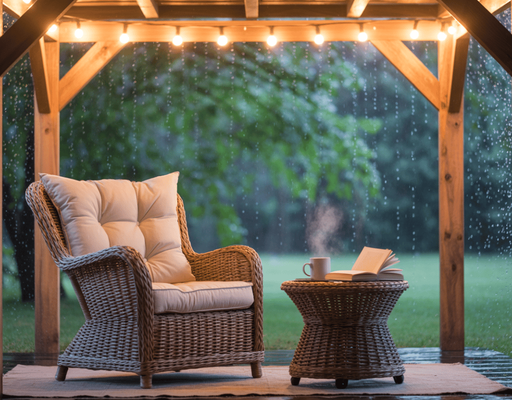 A previously unused outdoor corner now styled as a covered reading nook, visual transformation showi