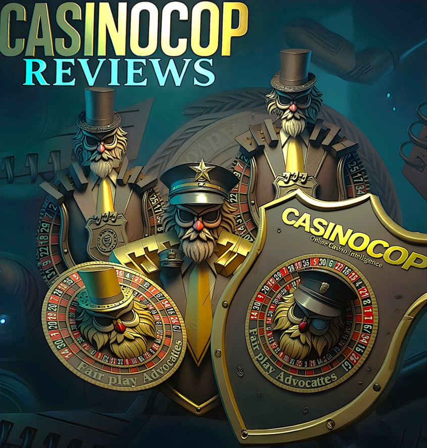 CasinoCop Reviews luxury casino intelligence shield logos with fair play roulette branding"