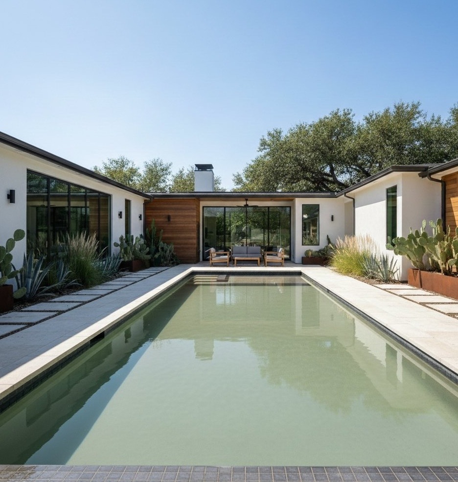 Cloudy residential swimming pool in Austin about to get cleaned and balanced.