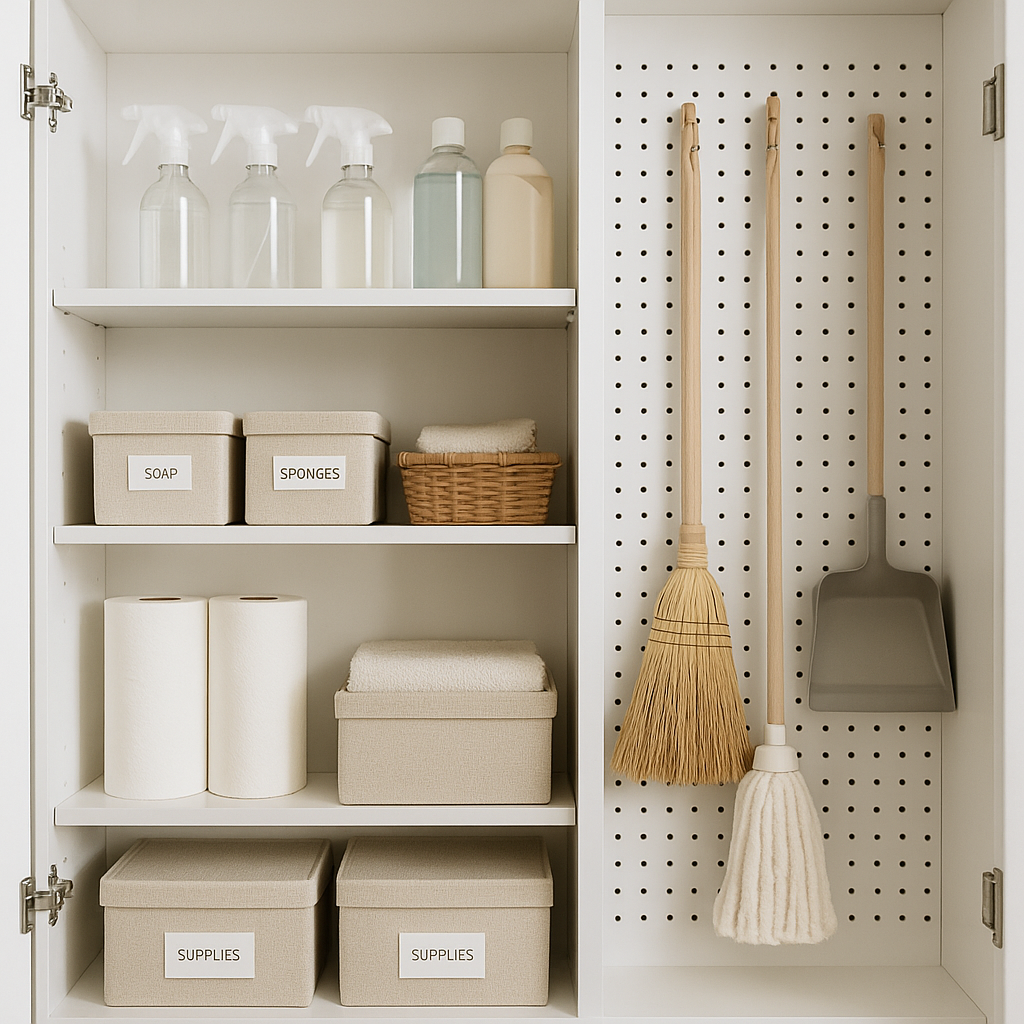 Armario de limpieza bien organizado,productos de limpieza alineados, cajas etiquetadas