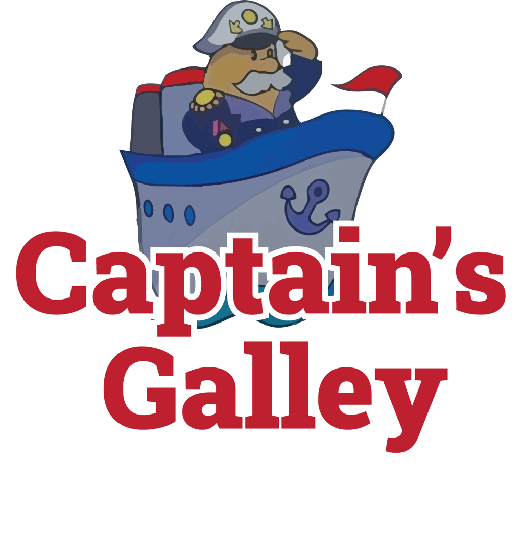 Captain’s Galley logo featuring red and white type and a cartoon captain on a ship