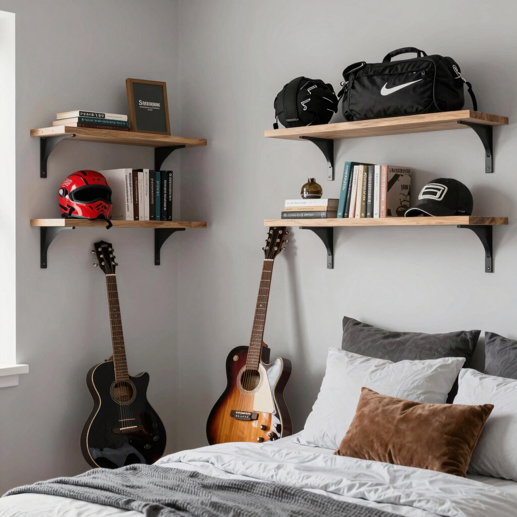 Bedroom showcasing hobbies like guitar, sports gear, and books on shelves.