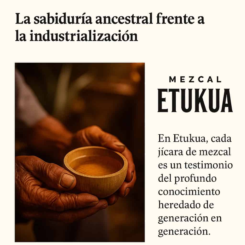 Manos de un maestro mezcalero experto sosteniendo una jícara con mezcal artesanal.