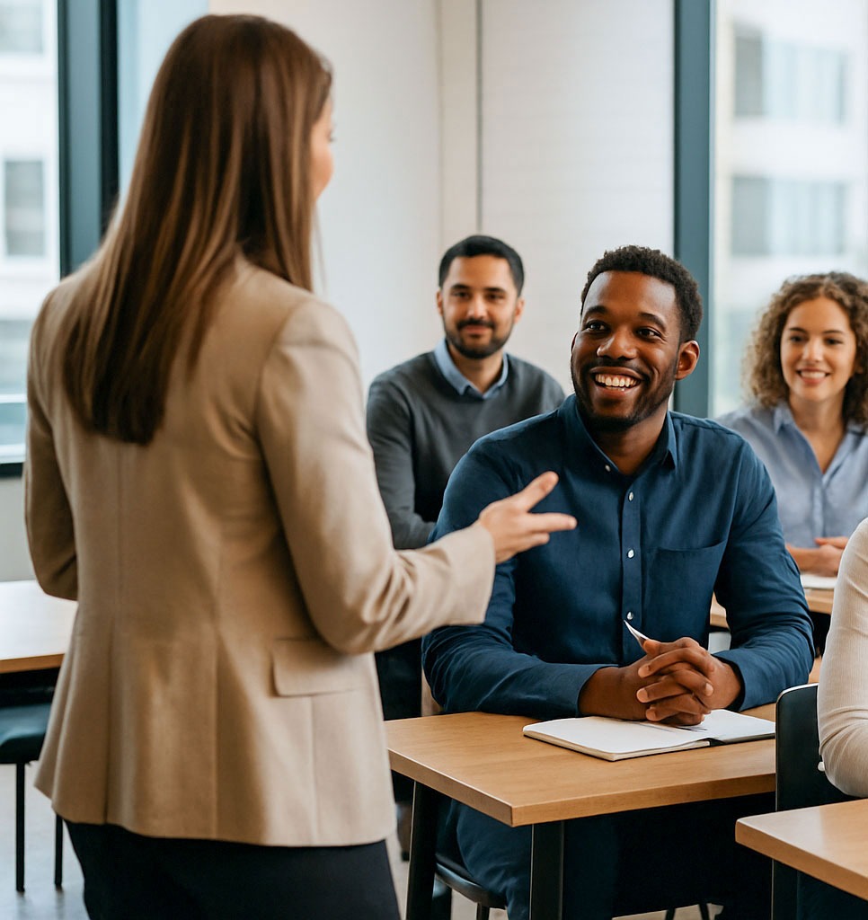 Professional coaching session with a diverse group of adults attentively listening to a female speaker in a classroom 