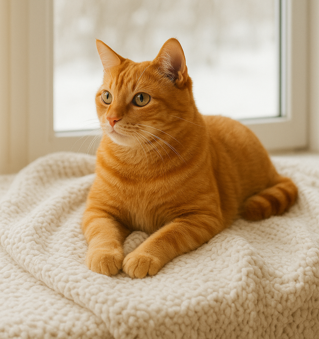 Indoor cat resting on a warm blanket by a window in winter