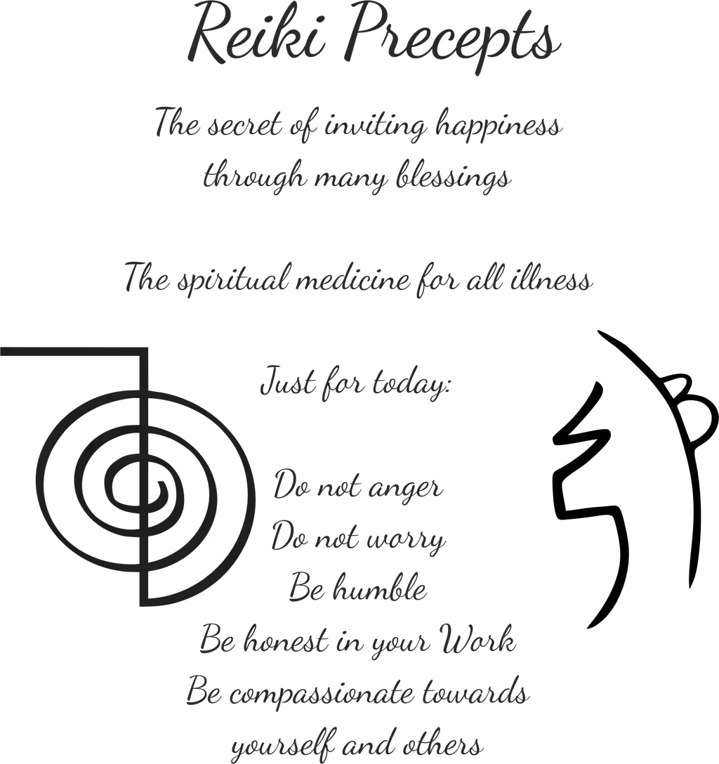 Reiki Precepts, including 'Just for today: Do not anger, Do not worry, Be humble, Be honest in your Work, Be compassionate
