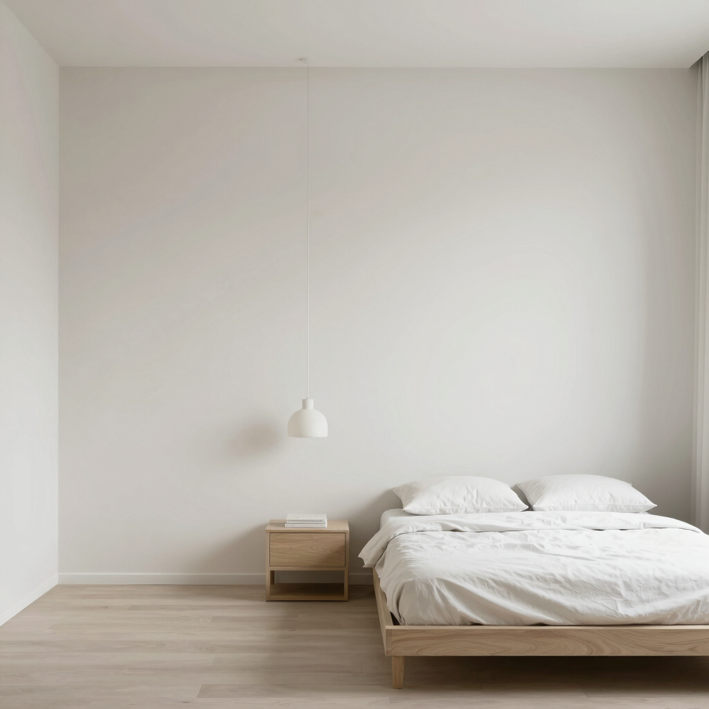 Minimalist bedroom with clean lines, neutral tones, and minimal decor.
