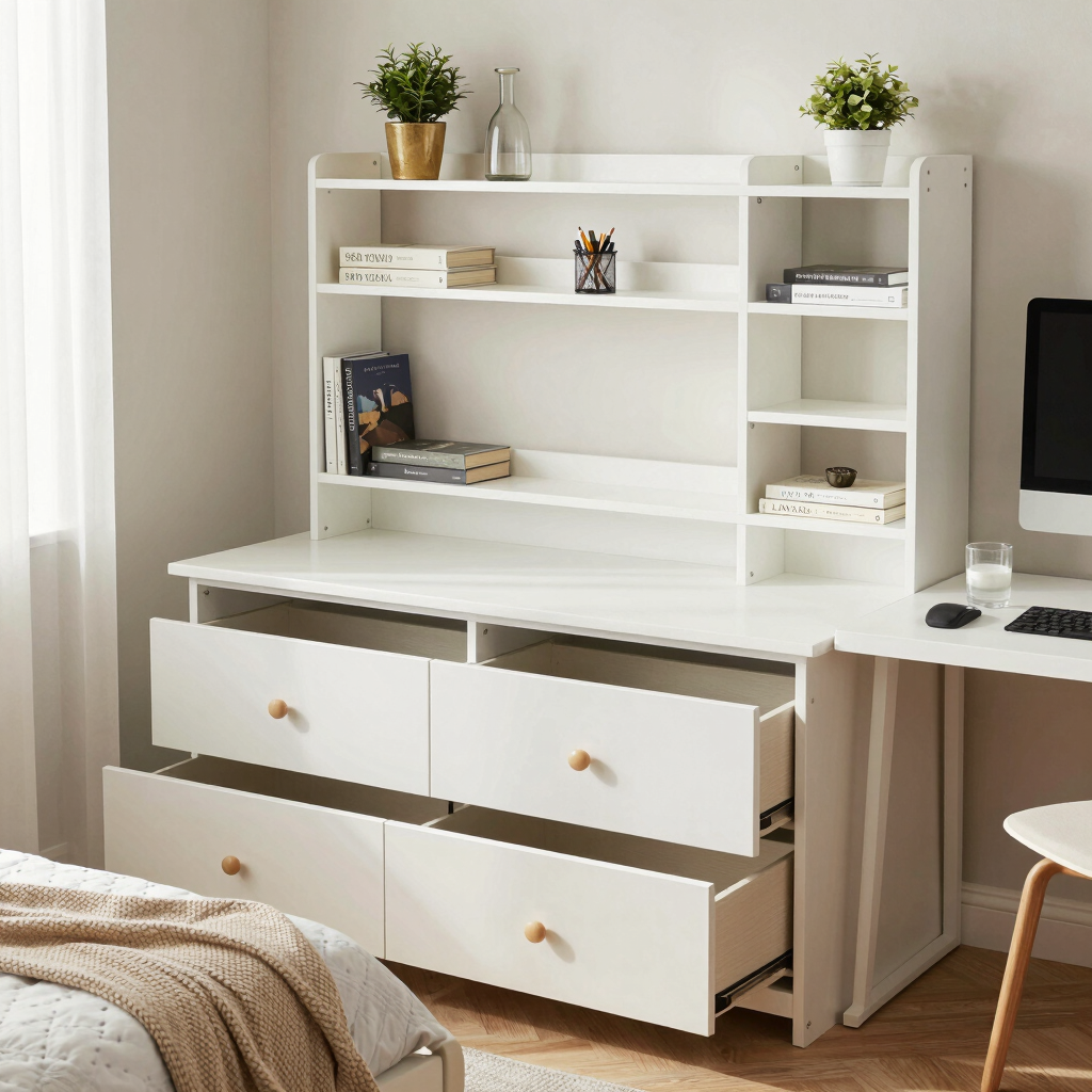 Multi function furniture like bed with drawers and desk with shelves in small room.