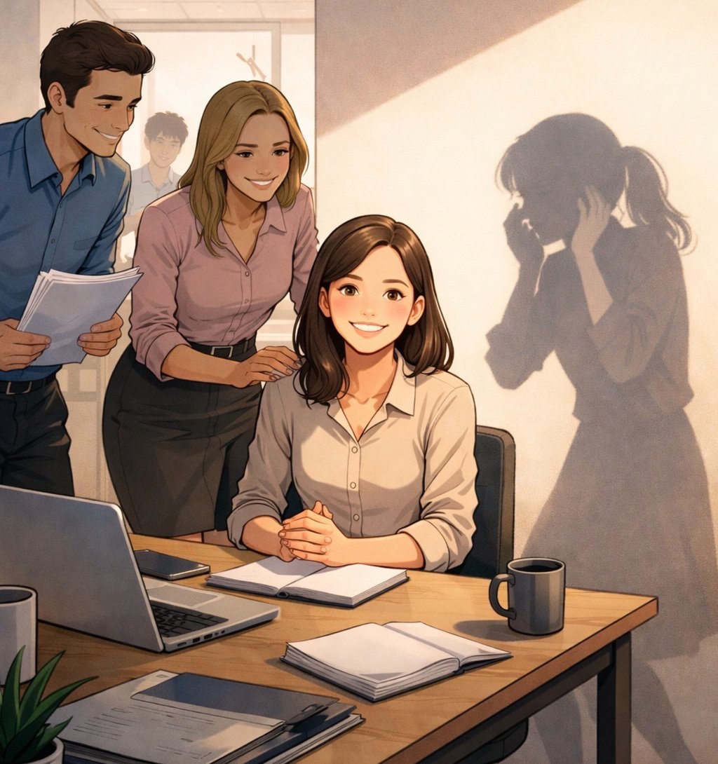 Woman being crowded in the workplace. Her shadow is scared but she appears to be smiling.