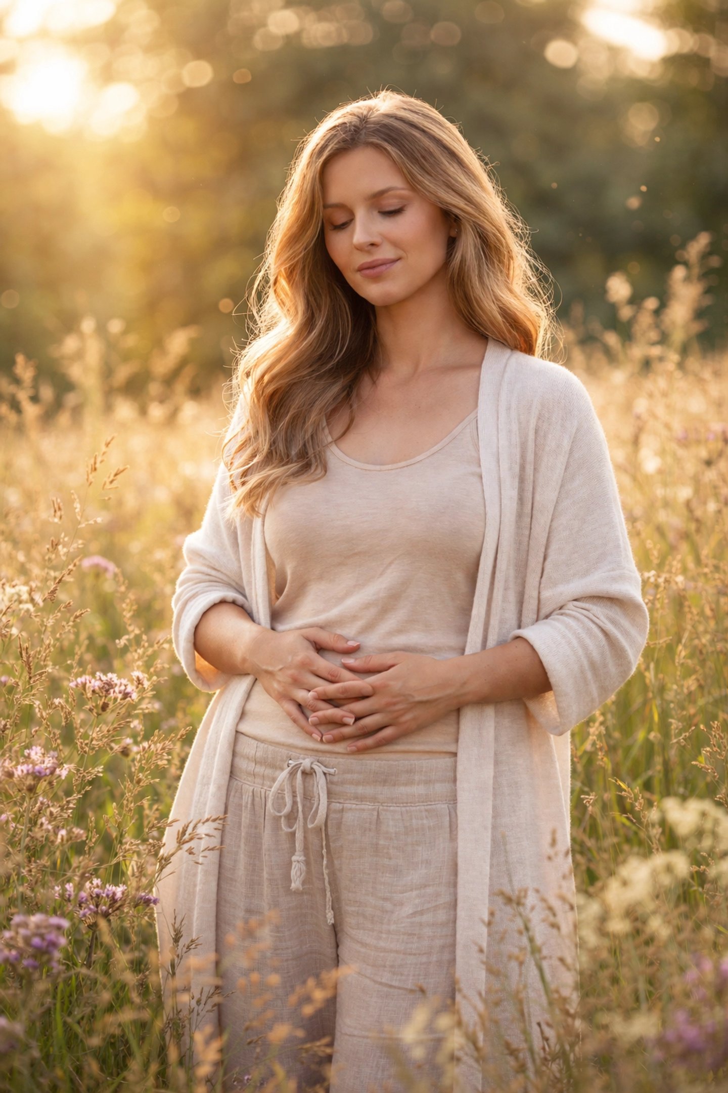 a woman in a white sweater and pants standing in a field