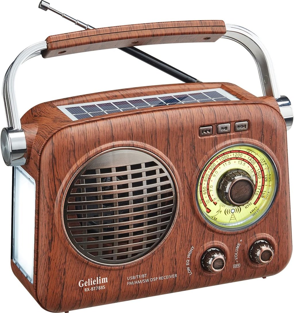 Radio rétro Gelielim avec haut-parleur Bluetooth, design vintage, panneau solaire et lampe de poche,