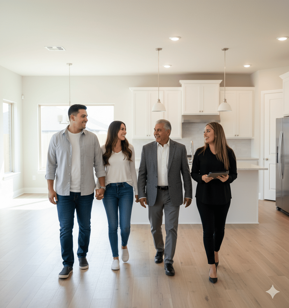 a group of people walking through a home