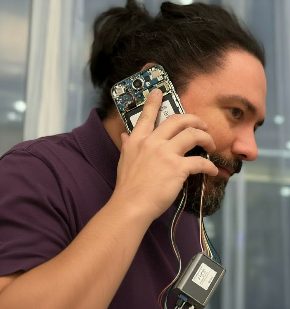 PnC engineer on the phone with a client, using a disassembled phone with a debugger hanging